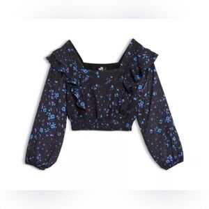 Aqua Girls Floral Print Ruffled Top Big Kid Exclusive Color Black Multi L 10/12